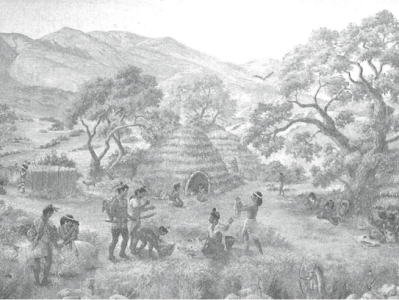 A black-and-white illustration of an Indigenous village shows people engaging in daily activities near dome-shaped huts with mountains and trees in the background. Some gather plants, others talk or rest under trees.