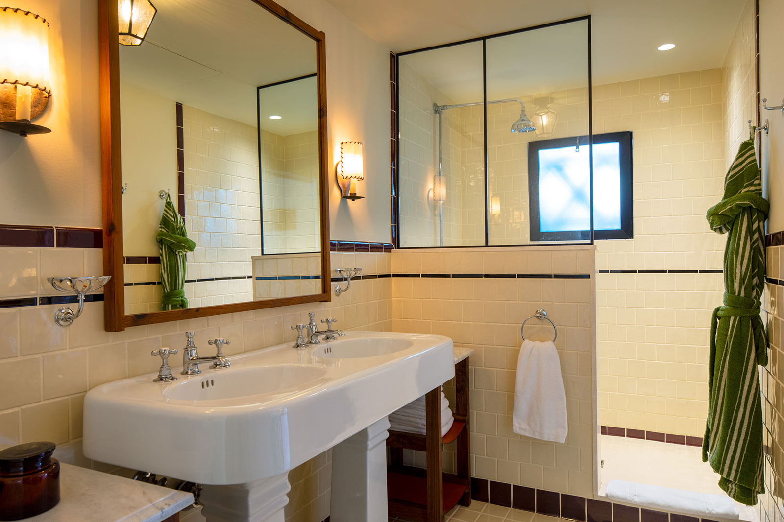 Bathroom with large shower and double vanity in the King with Terrace room at Hotel El Roblar