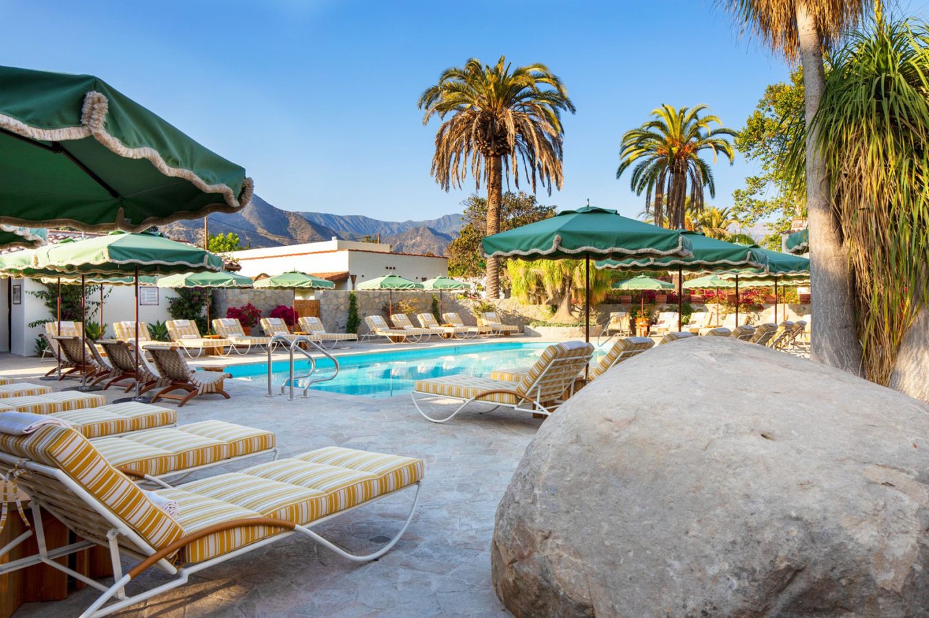 Hotel El Roblar pool area with chairs under palm trees