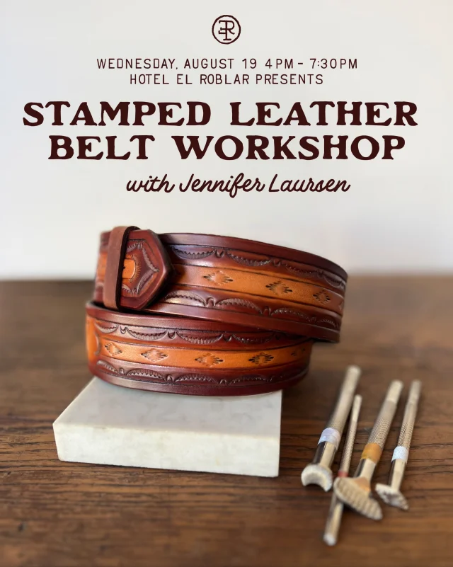 Join us at Hotel El Roblar on Wednesday, August 19 from 4pm-7:30 pm for a Stamped Leather Belt Workshop with Jennifer Laursen.

The workshop coincides with Happy Hour at The Snug, with $10 margaritas and glasses of wine, $5 beer, and $14 tavern-style pizza.
Space is limited. Tickets via link in bio.