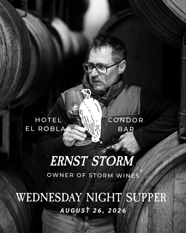 Wednesday at Hotel El Roblar: Guest Winemaker Ernst Storm of @stormwines joins us for a one-night-only three-course supper at Condor Bar.
$39. 5-9pm.
Reserve via the Condor Bar resy link.