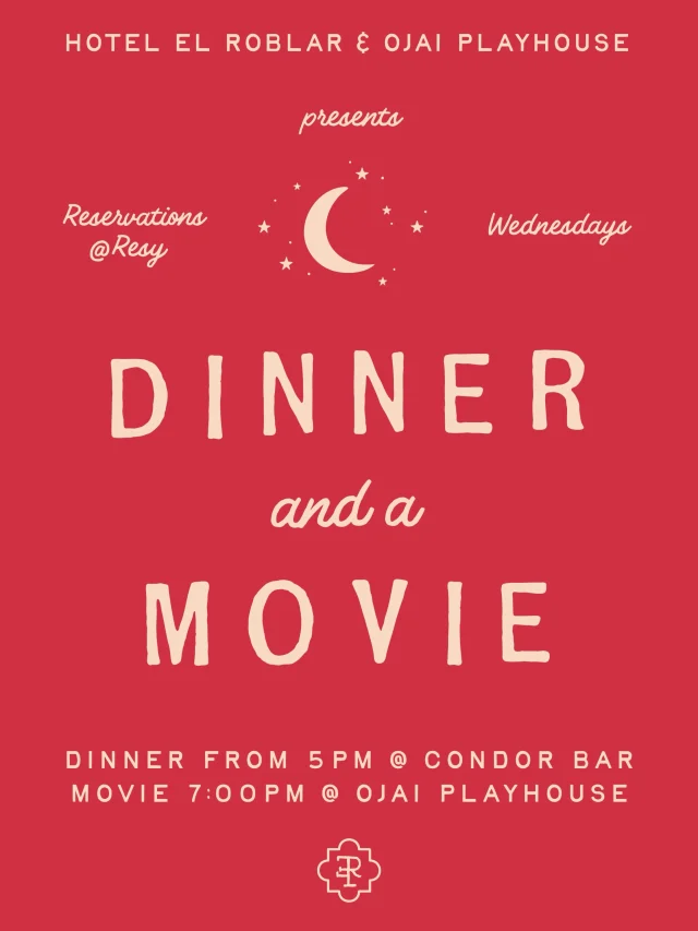 Wednesday night’s Dinner & a movie: Tootsie, 7pm at Ojai Playhouse.

Book at Condor Bar from 5pm to enjoy a weekly dinner special with a movie ticket for that night’s showing. When you arrive at Condor Bar please give the team a heads up that you’re heading to the show and they’ll provide your ticket. Resy link in bio.