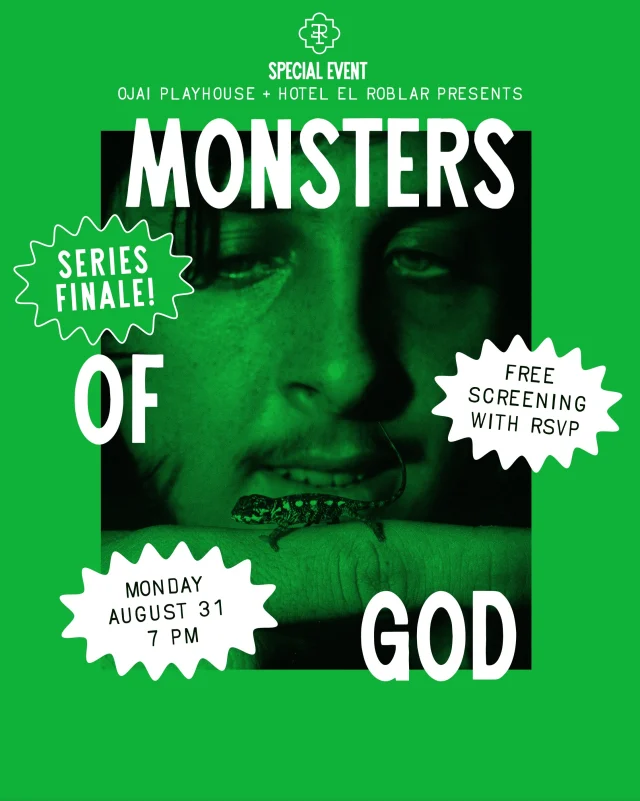 Join Hotel El Roblar and Ojai Playhouse on Monday, August 31 at 7 pm for the series finale of Monsters of God.
Filmmaker Eric Goode follows his lifelong fascination with reptiles into the hidden world of exotic animal smuggling, tracing an international trade driven by collectors and the allure of the forbidden.
Free with RSVP. Link in bio.