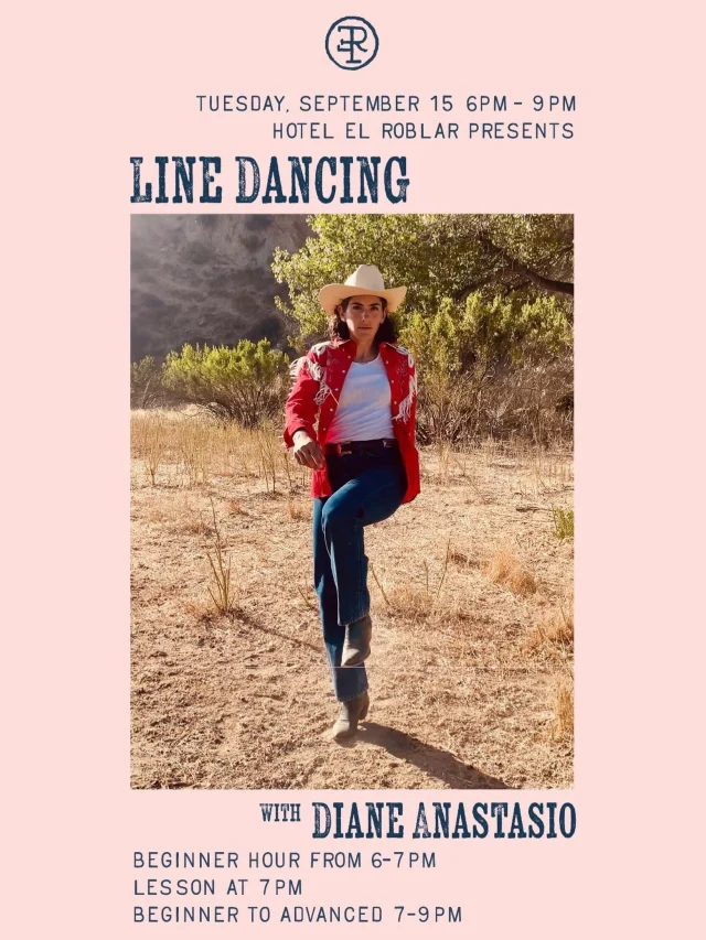 Join us at Hotel El Roblar on Tuesday, September 15 from 6–9 pm for an evening of line dancing with Diane Anastasio.
Beginner hour starts at 6 pm, followed by a lesson at 7 pm and open dancing for all levels through 9 pm. $10 at the door.

Come early for Happy Hour at The Snug from 3–6 pm, with $10 margaritas and glasses of wine, $5 beer, and $14 tavern-style pizza.