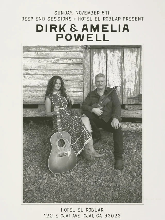 Join us at Hotel El Roblar on Sunday, November 8 from 4:30–6:30 pm for Deep End Sessions with Dirk & Amelia Powell.
The father-daughter duo brings together the Appalachian and Cajun traditions they grew up with, pairing Dirk’s fiddle and banjo with Amelia’s guitar and vocals.
Ticket link in the “Happenings” highlight.