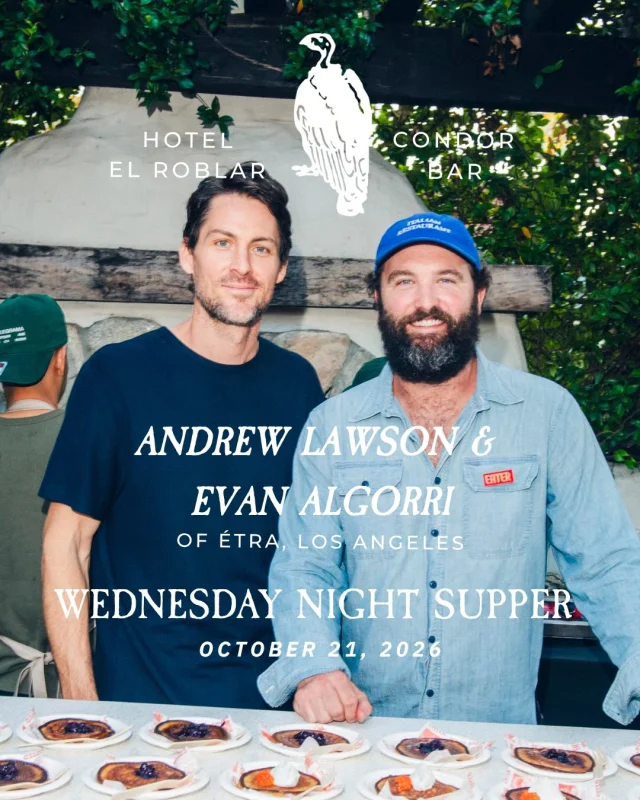 Join us at Condor Bar on Wednesday, October 21 for Wednesday Night Supper with Andrew Lawson & Evan Algorri of Étra, Los Angeles.
Both Los Angeles natives, Andrew and Evan spent years working in some of New York City’s most celebrated kitchens before returning home to open Étra and its sister restaurant, Café Telegrama, in Melrose Hill.
The duo joins us for a special one-night-only three-course menu.
Three courses for $39. Reservations via Resy. Link in bio.