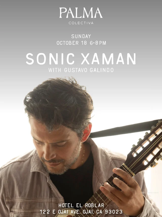 Join us at Hotel El Roblar on Sunday, October 18 from 6–8 pm for Sonic Xaman, an immersive meditation and sound journey presented by PALMA Colectiva with Grammy-nominated artist and producer Gustavo Galindo.
Blending acoustic guitar, ancestral flutes, Tibetan singing bowls and ambient sound, the evening offers an opportunity to slow down and reconnect through music.
Visit our “Happenings” highlight for the link to tickets.