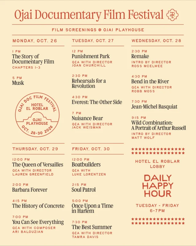 The Ojai Documentary Film Festival kicks off Monday, October 26! Swipe through for the full schedule of screenings at @ojaiplayhouse and free industry panels at Hotel El Roblar, running through Friday, October 30.
For tickets and the latest festival updates, visit the link in bio.